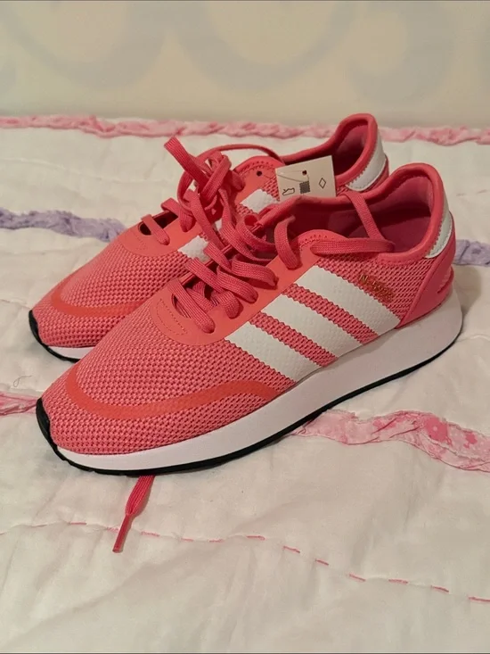 adidas Kids Coral Pink Mesh Runner Sneakers with White Stripes