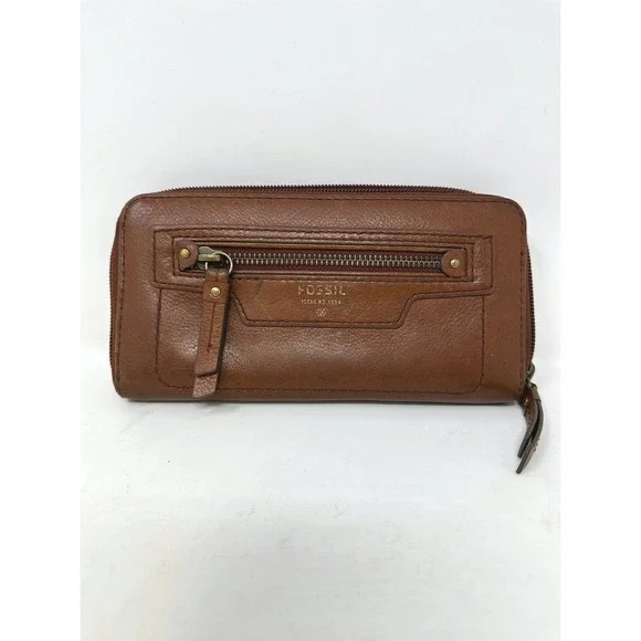 Fossil Leather Zip Around Wallet Brown