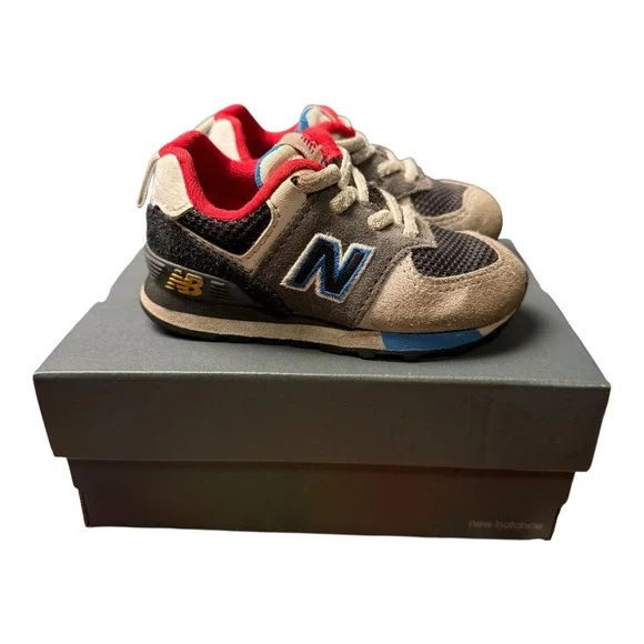 New Balance 574 Bungee Lace Sneakers Toddler Grey Blue Red Accent‎ Shoes