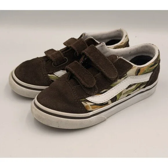 Vans Old Skool V Toddler 9 Painted Camo Brown Suede Hook & Loop Sneakers Shoes