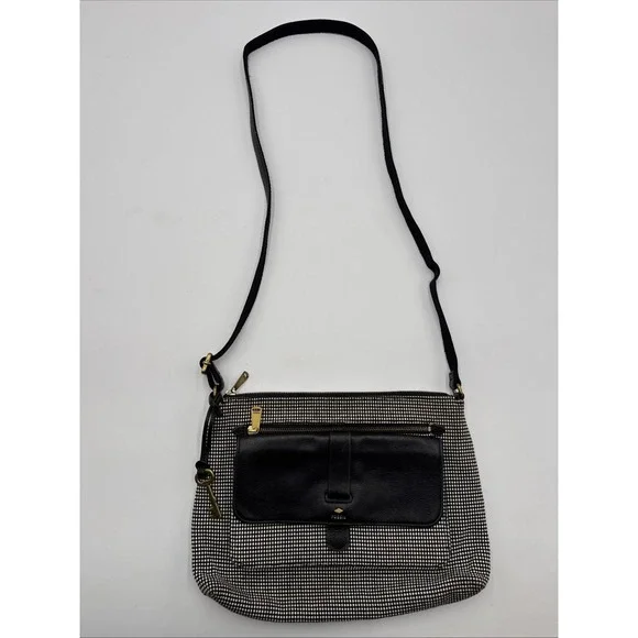 Fossil Kinley Crossbody Handbag Messenger Bag Purse Black White Bronze key Tag