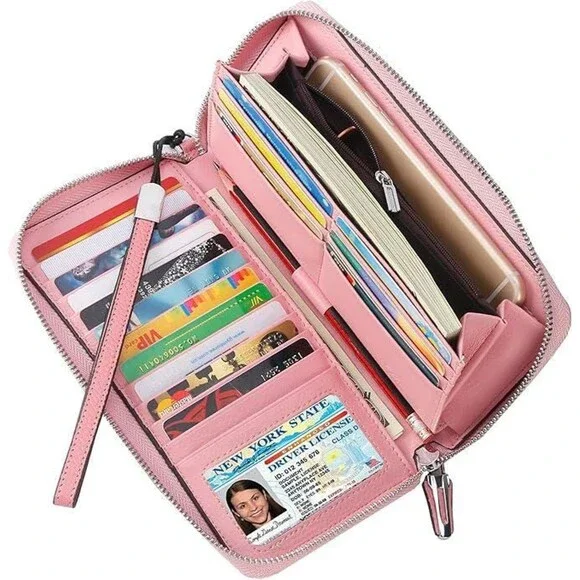 Leather Zip Wallet Womens RFID Blocking Phone Clutch Travel Purse Wristlet