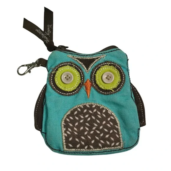Thirty-One Owl Coin Purse Turquoise Blue Canvas Zipper Pouch with Key Clip