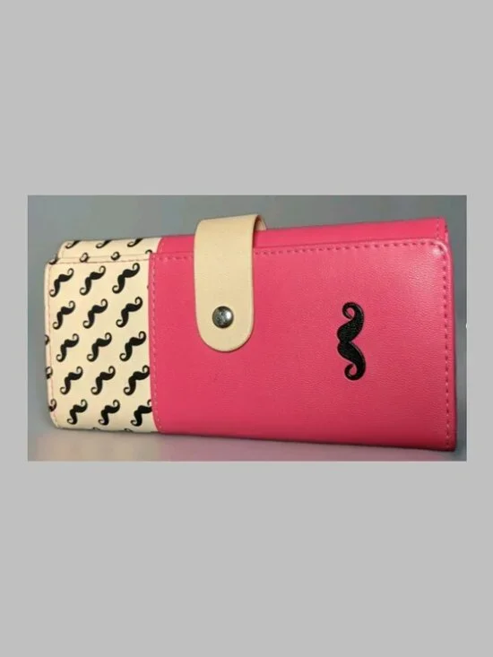 BOTUSI Pink Faux Leather Mustache Print Accordion Wallet Snap Closure Organizer