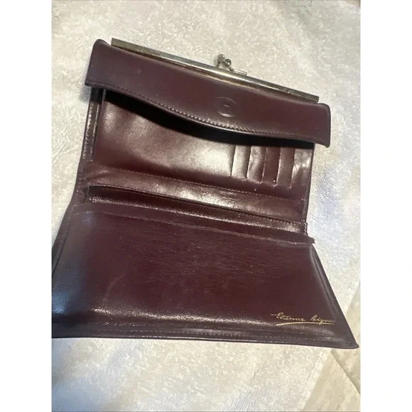 Aigner Billfold Wallet Checkbook With  Cover Burgundy Leather KISS Lock Coin
