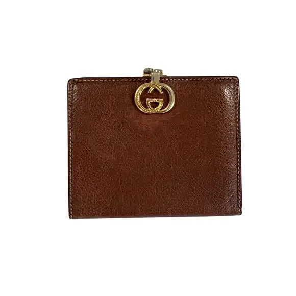 Gucci GG Leather Bifold Wallet with Kisslock Coin Pouch Vintage 80s Cash & Cards