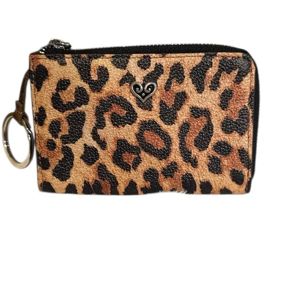 Brighton Leopard Print Leather Zip Around Catwalk Coin‎ Case Key Ring Vintage