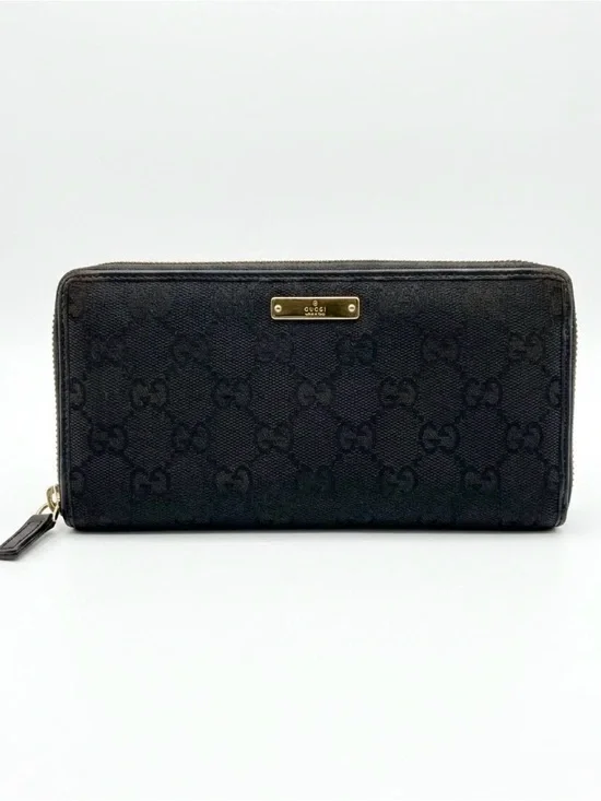 GUCCI Black GG Monogram Zip Wallet with Gold Name Plaque