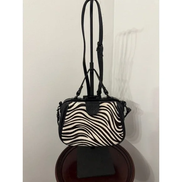 1 Patricia Nash Zebra-print Haircalf and Black Leather Frame Satchel Bag