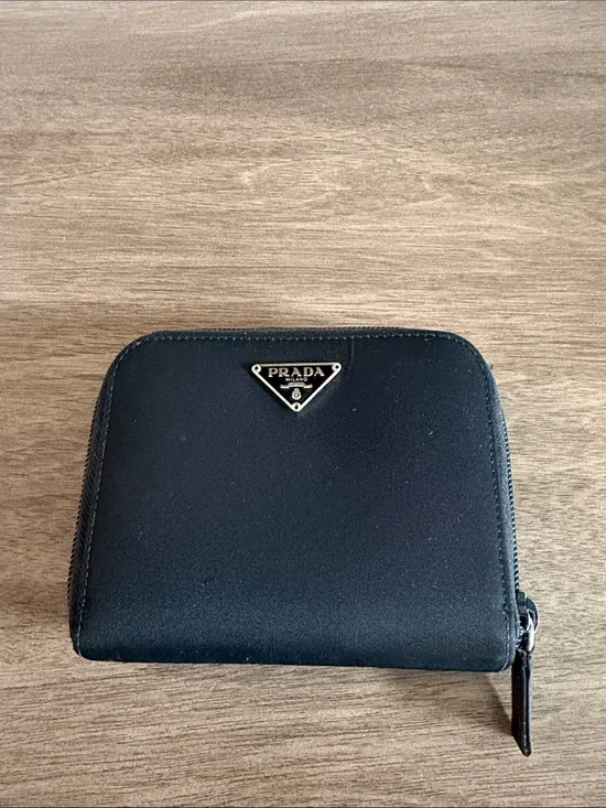 Prada Bifold  Black Zip-Around Card Wallet with Silver Triangle Emblem