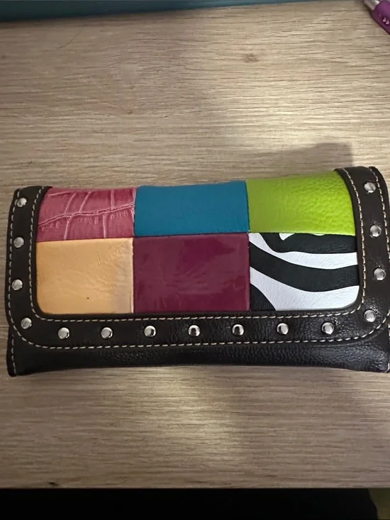 NIB Boho Multicolor Patchwork Leather Studded Flap Wallet Clutch Wristlet Brown