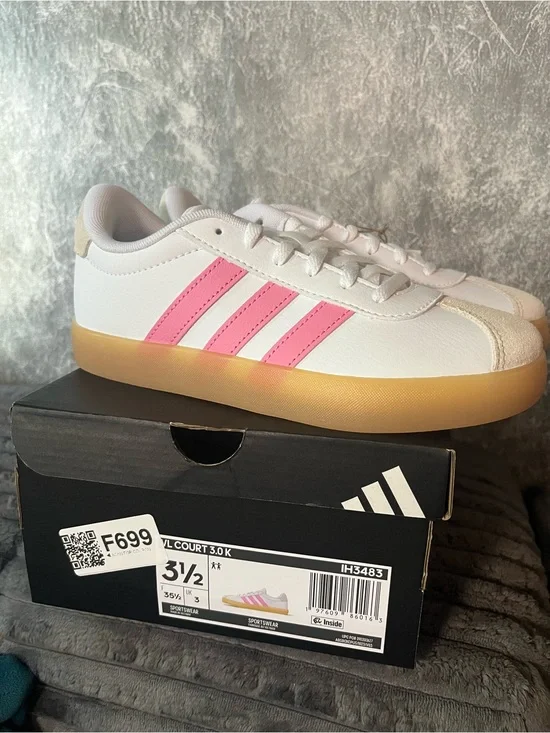 adidas Kids White & Pink VL Court 3.0 Sneakers with Gum Sole new in box