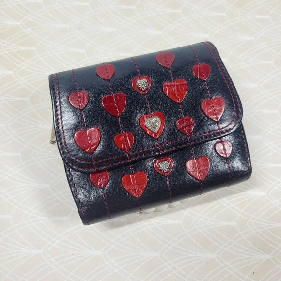 Brighton 3D Red Hearts Black Leather Wallet Y2K