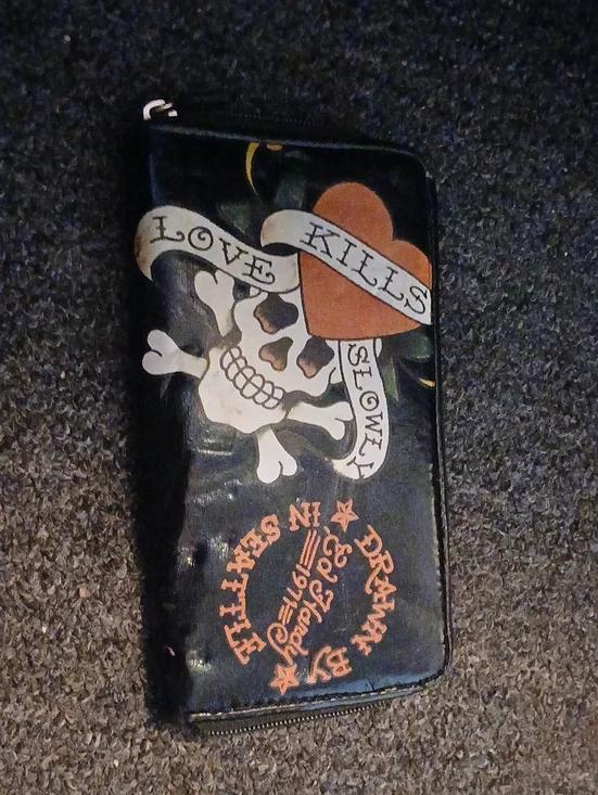 Ed Hardy Black Zip Wallet with Skull & Orange Heart Graphic