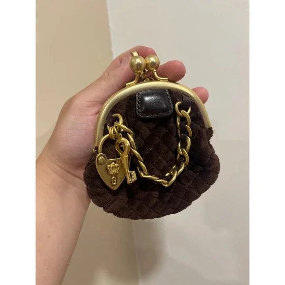 Juicy Couture Vintage Quilted Velour Coin Purse Brown Gold Heart Lock Key Charm