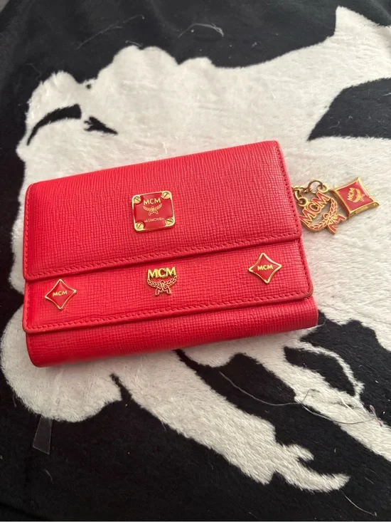 MCM Red Leather Fold Wallet with Gold Logo Accents
