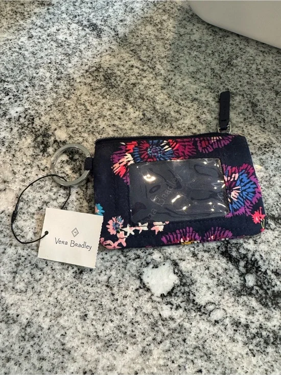 Vera Bradley Navy Floral Vinyl ID Zip Card Case Key Ring