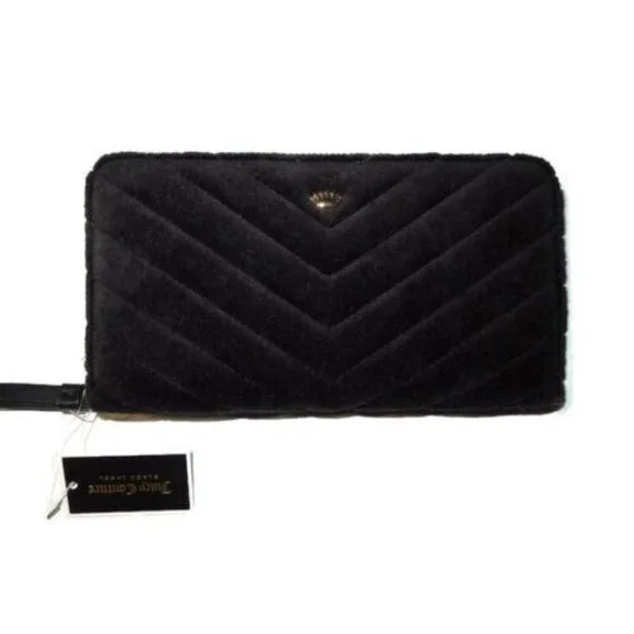 Juicy Couture Black Label Black‎ zip around crown quilted Velour Wallet rt $228