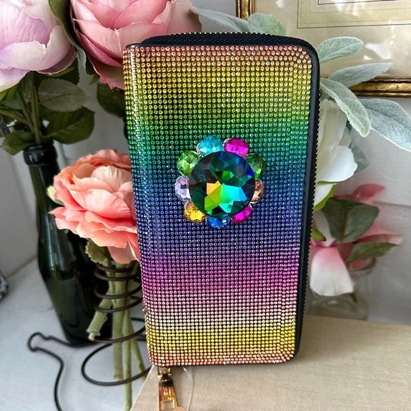 Rainbow rhinestone wallet with zipper,  brand new