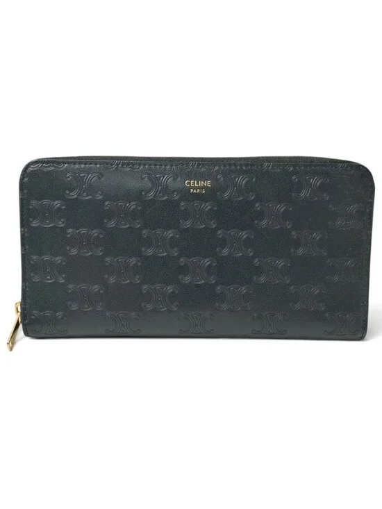 Celine Wallet Amazone Green Triomphe Embossed Large Zip Around Leather