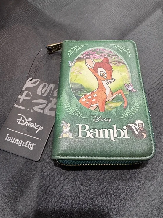 NWT Loungefly Disney Bambi Green Zip Wallet with Character Art