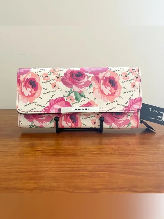 NWT TAHARI Floral Pink Clutch Wallet Rose Faux Leather Vegan Logo Snap RFID