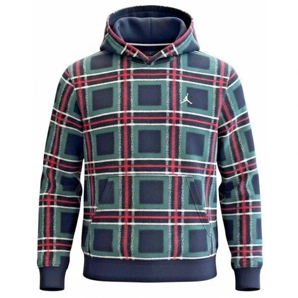 New NIKE Jordan‎ Essentials Green Red Plaid Fleece Pullover Hoodie Men's XXL