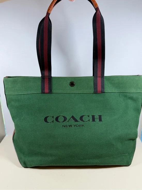 Coach Green Canvas Tote with Black and Burgundy Straps