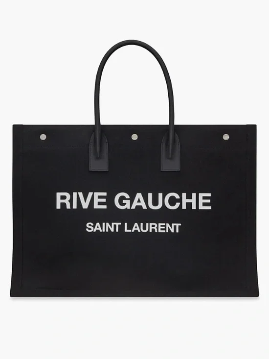 Saint Laurent Black Rive Gauche Canvas Tote with White Logo