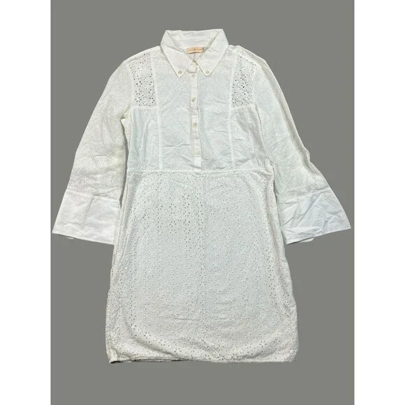 Tory Burch Shirt Dress Womens 12 White Cotton Eyelet Lace Bell Sleeve Vacation