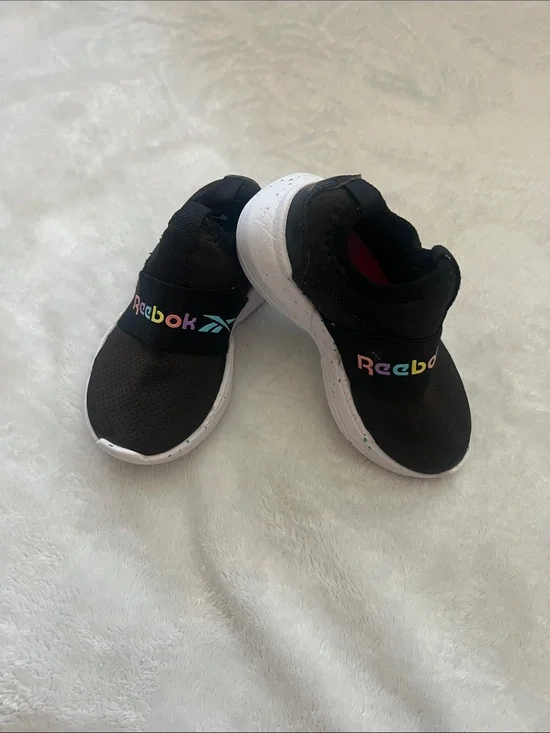 Reebok Kids Black Slip-On Sneakers with Rainbow Logo Accent