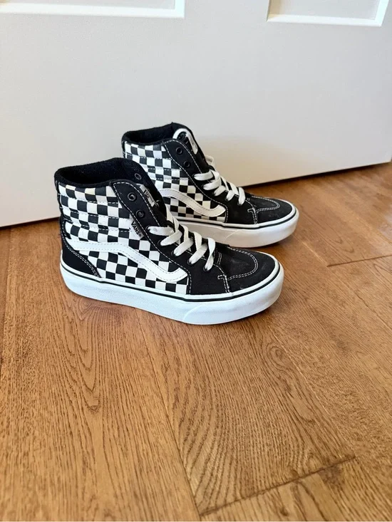 Vans Canvas Platform High Top Checkerboard Skate Shoes Black White Girls Size 3