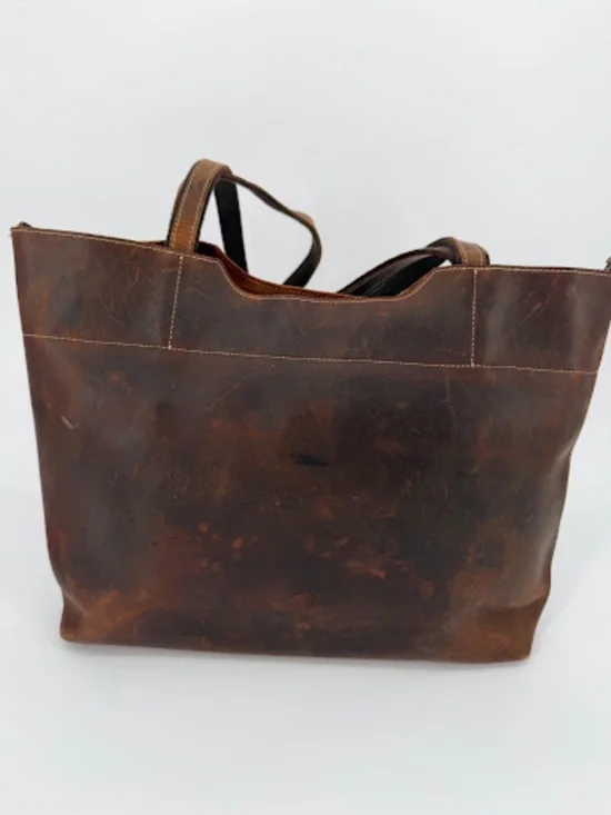 Vintage L.L. Bean Distressed Leather Tote Bag Fish Duck Print Lining