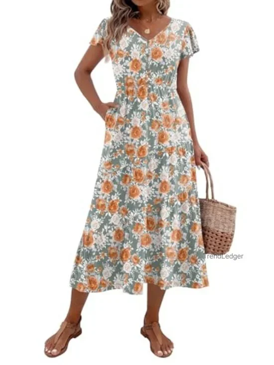 Women's Flutter Short Sleeve V-Neck Tiered Swing Dress with Pockets