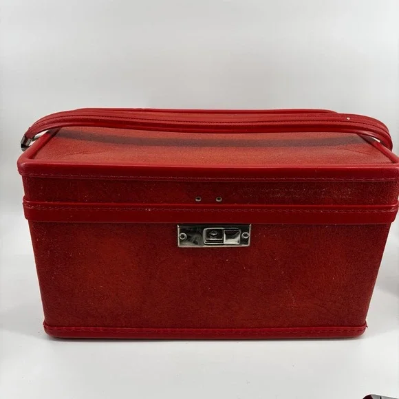 Red Orange Train Vanity Case Vintage Luggage Sesame Lined Snap Closing