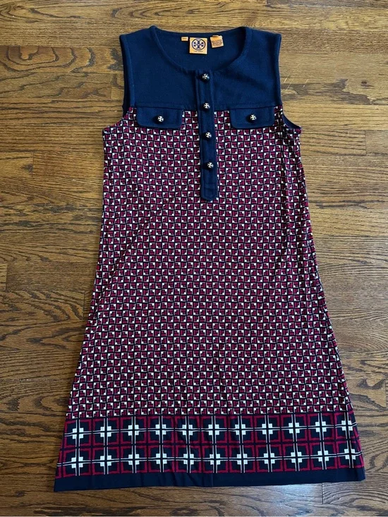 Tory Burch Knit Shift Dress M Sleeveless Geometric Navy Red White Pockets size M