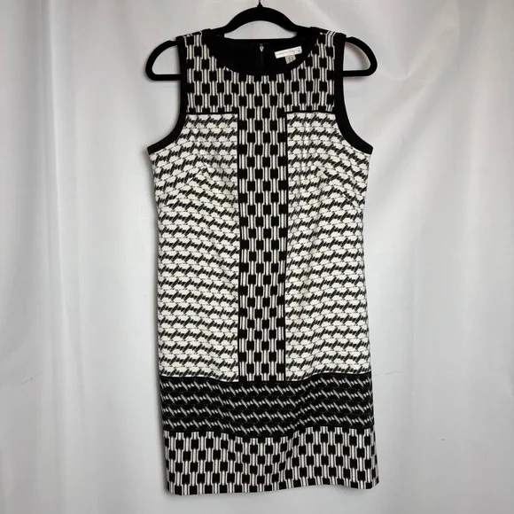 London‎ Times S/L Sheath Dress Black White Geometric Print Size 12 Career
