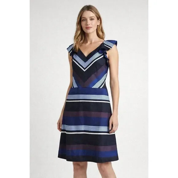 BANANA REPUBLIC  Striped Ruffle Lined 100% Silk A-Line Dress Size 6