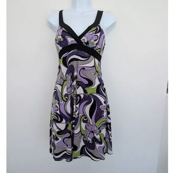 Y2K Abstract Floral Swirl Babydoll Sleeveless Jersey Stretch Dress Sz S