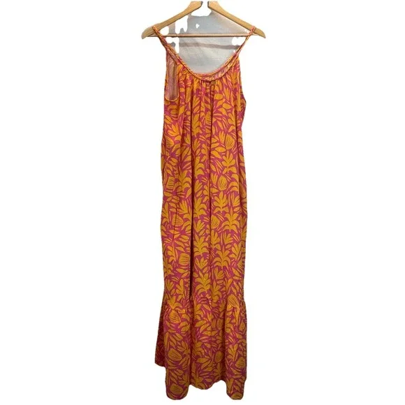 Palms Away scoop neck floral pink oversized tiered Maxi Dress Farm Rio vibes MED