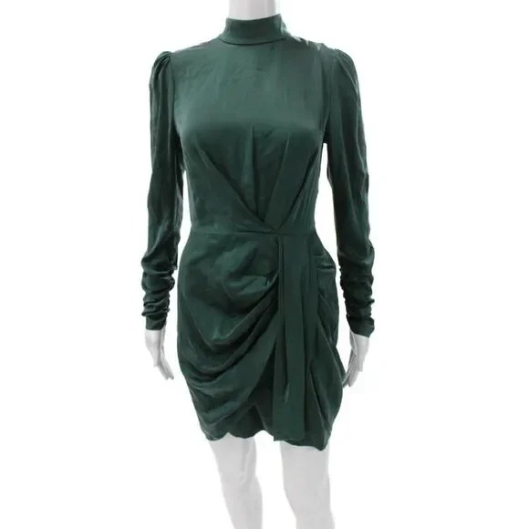 Zimmermann Womens Mini Dress Green Silk Long Sleeve Mock Neck Zip Size 1