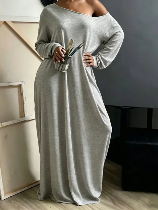 Grey Casual Women's Asymmetrical Shoulder Long Dress