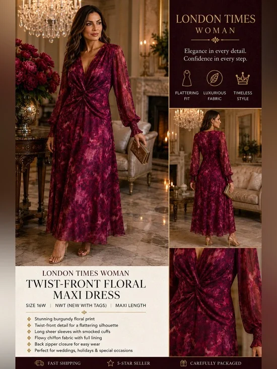 London Times Burgundy Floral Twist-Front mash Maxi Dress
