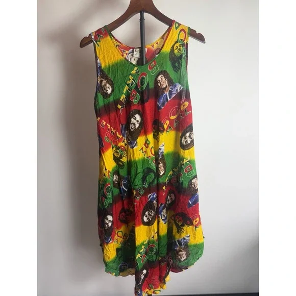 Karan Brand Vintage Bob Marley Women's Yellow Red Green Sleeveless Rasta Dress