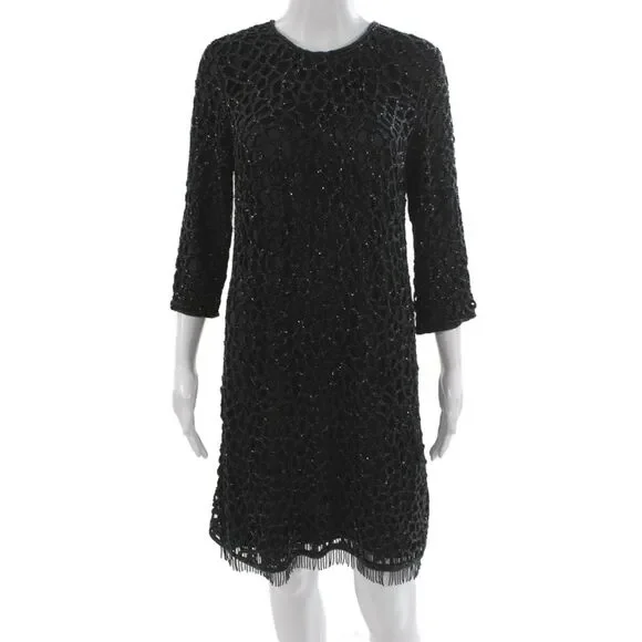 Parker Black Women Shift Dress Black Crew Neck 3/4 Sleeve Above Knee Size 8