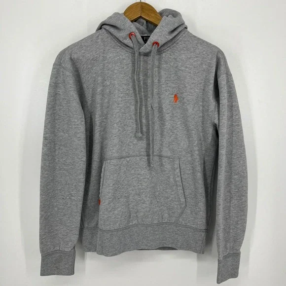 Polo Ralph Lauren Performance Mens Hoodie Heather Gray Orange Pony Small