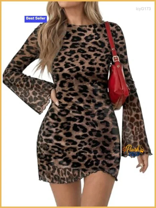 Leopard Print Long Sleeve Bodycon Mini Dress - Stretchy Mesh, Bell Sleeves,