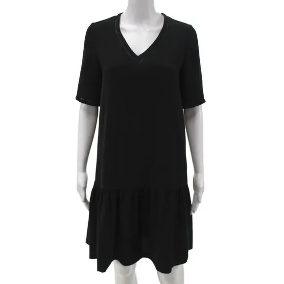 Gerard Darel Women Shift Dress Black V-Neck Short Sleeve Midi Polyester Size 36