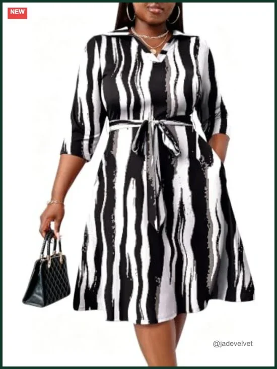 Plus Size Midi Dress Women Casual Fit Flare Summer African Print Pockets Belt