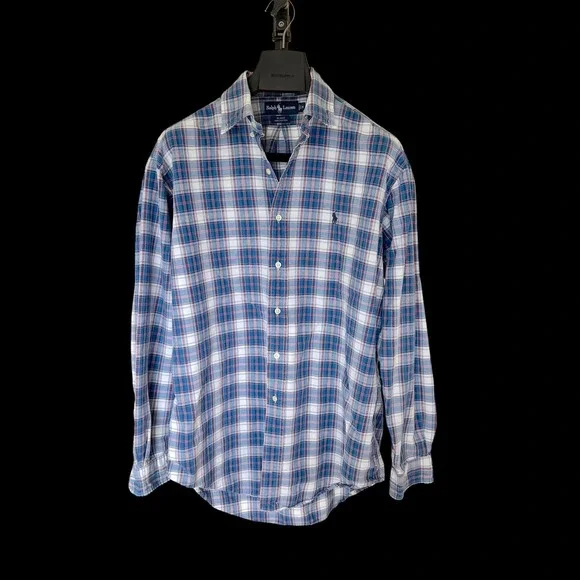 Y2K Polo Ralph Lauren Blake Blue Plaid Cotton Button Down Shirt Size Medium